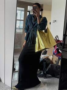 DAZY Áo sơ mi denim nữ dáng rộng, cổ bẻ, chất liệu denim mài, kiểu dáng thường ngày. - Màu xanh lam - Xem 2