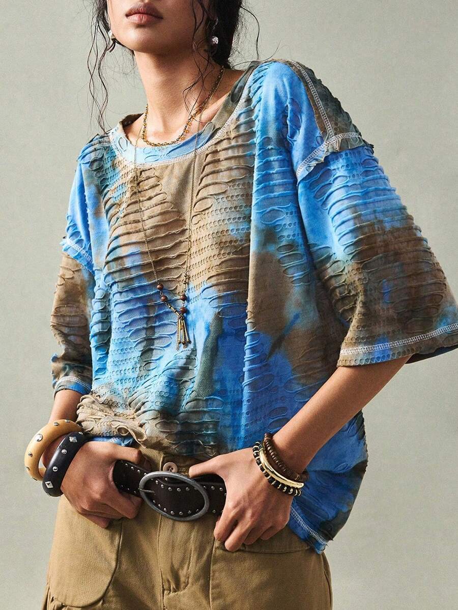 SoleilVie 女士新款圆领扎染图案宽松休闲简约衬衫超大码T恤 女士超大码T恤 女士超大码T恤 印花超大码T恤 女士夏季上衣 女士超大码T恤 扎染超大码T恤 做旧超大码上衣 图案上衣 超大码印花T恤 女士超大码上衣 宽松T恤 波西米亚风衬衫 女士波西米亚风服装上衣 女士波西米亚风衬衫 - 彩色 - 查看 1