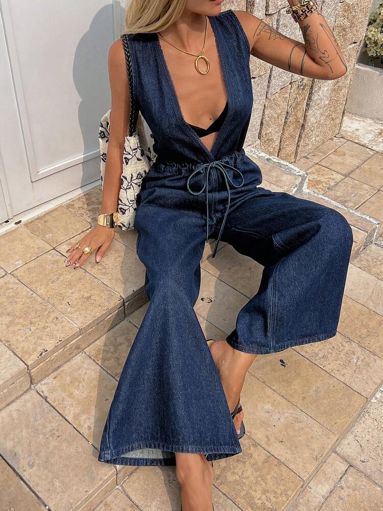 Women's Solid Color Deep V-Neck Sleeveless Drawstring Waist Loose Fashion Denim Jumpsuit, Summer