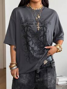 Coolane 男女春夏情侣同款街头风 Y2K 休闲嬉皮学院风朋克哥特风纯棉印花宽松短袖T恤 - 灰色 - 查看 5