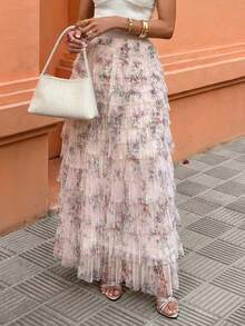 Elenzga Women's Romantic Floral Mesh Skirt For Vacation Fall Cloth For Women - Multicolor - View 5