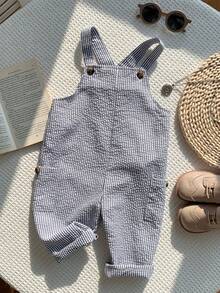 SHEIN 男女宝宝通用款休闲可爱条纹连体裤，婴儿背带裤，春夏款 - 藍色 - 查看 4