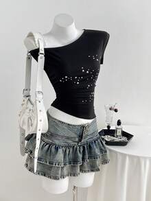 Elamini Camiseta de mujer con hombros asimétricos, cintura elástica, estrella de cinco puntas con strass, y bajo asimétrico en estilo retro y dulce - Negro - Ver 3