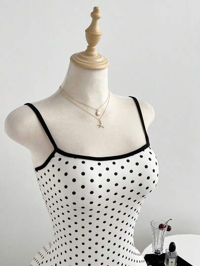 Elamini Đầm trắng chấm bi phối màu tương phản, kiểu dáng thường ngày, thích hợp cho nữ, mùa xuân/hè.