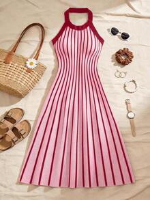Franclia Women's Elegant Contrast Color Striped Backless Halter Knit Dress, Summer - Baby Pink - View 6