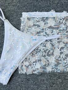 Swim SXY 3件套女士花卉亮片比基尼套装，系带露背泳装，适合春夏海滩穿着 - 白色 - 查看 5