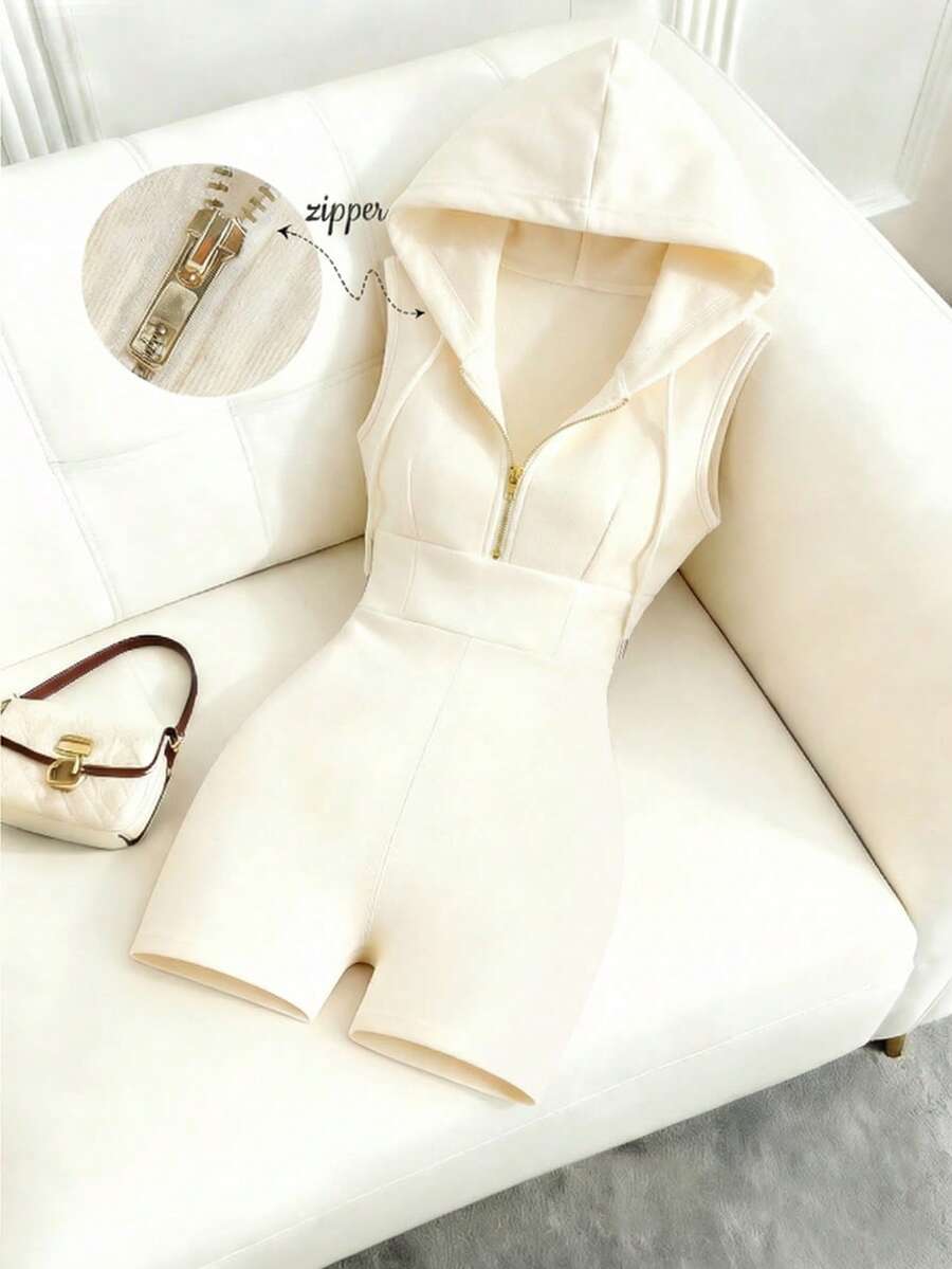 Islaluna Peach Zip-Up Hooded Sleeveless Jumpsuit, Women's Casual Outfit, Women's Holiday Attire, White Jumpsuit, Summer Vacation Wear - Apricot - View 1