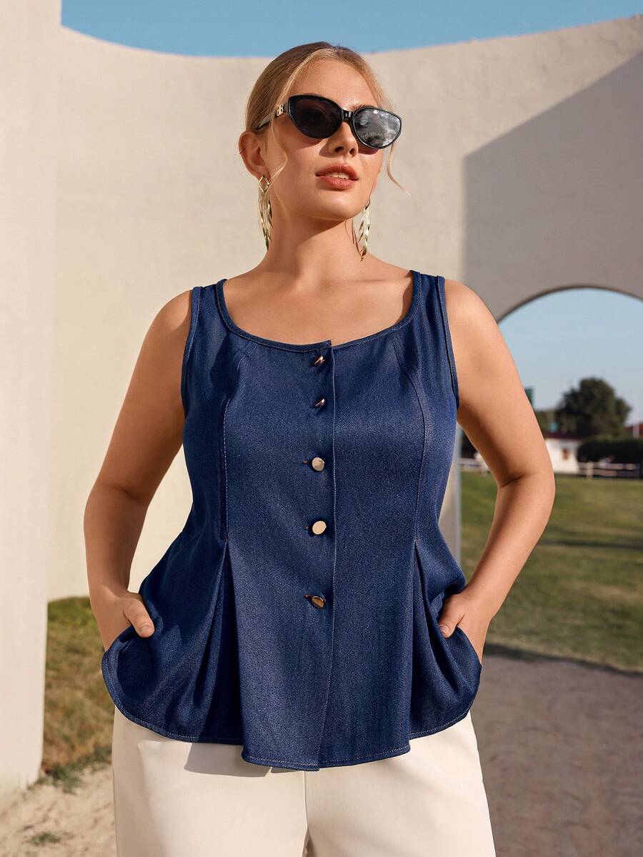 GlowEve CURVE Áo khoác cardigan dáng suông eo bằng vải denim màu xanh dương, khóa kim loại, dành cho nữ cỡ lớn, thích hợp cho mùa xuân sớm. - Màu xanh lam - Xem 1