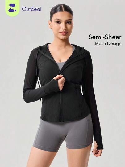 OutZeal 女士运动黑色夹克健身房锻炼服网眼拼接修身连帽拉链运动上衣