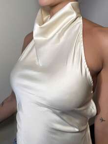 Mélanie ORL 杏色露背垂坠领女式背心，性感优雅夏季背心 - 杏色 - 查看 6