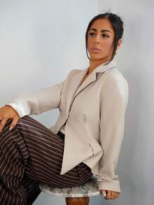 SAYEHFBABY 女士休闲亚麻收腰长袖翻领薄款西装外套，杏色，秋冬 - 杏色 - 查看 3