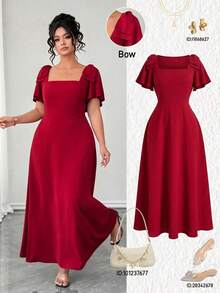 Elenzga Plus Size Women's Summer Elegant Commuter Wine Red Square Neck Bowknot Design Fitted Cinched Waist Long Dress - Burgundy - View 5