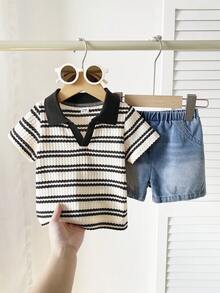 SHEIN Playful Pals 男婴夏季百搭休闲短袖简约上衣搭配时尚水洗牛仔短裤套装，适合日常穿着、家庭露营、外出就餐或购物。 - 黑色 - 查看 1