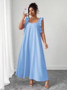 SHEIN PETITE 大码女式纯色宽松荷叶边方领连衣裙 - 藍色 - 查看 4