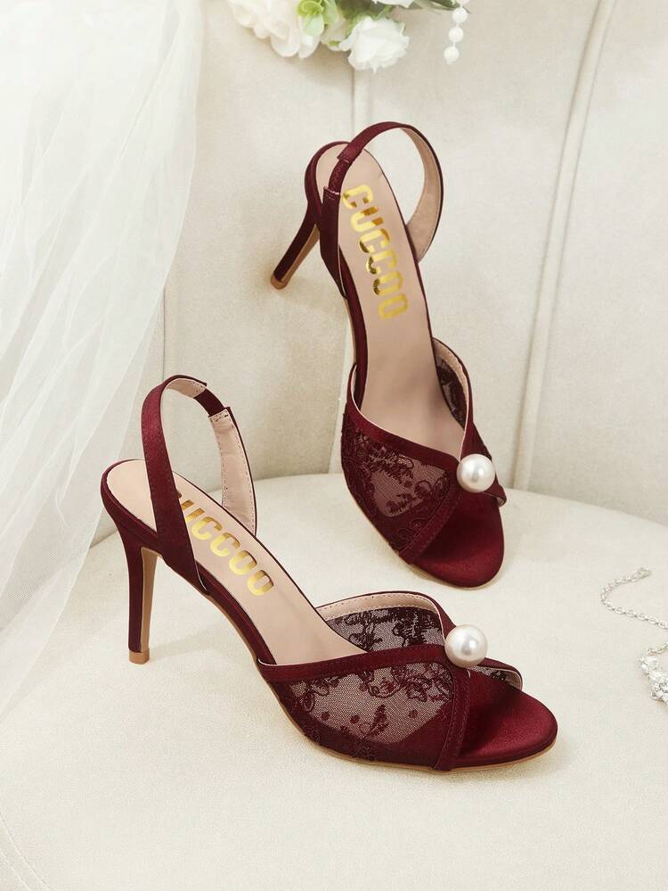 CUCCOO HITCHD Women Shoes Round Toe Skinny Heel Burgundy Lace Mesh Faux Pearl Peep Toe Slingback Women's High Heel Sandals Fashion Elegant Party Wedding Sandals Women's Wedding Shoes Wedding Shoes Spring Shoes Bride Shoes