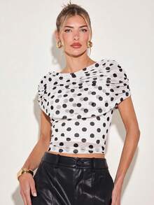 Blusa elegante con estampado de lunares y diseño fruncido, apropiada para uso diario, salir con amigos, tomar el té de la tarde, con diseño de chal 2 en 1, patrón de lunares en color albaricoque y marrón, para primavera/verano - Blanco y Negro - Ver 4