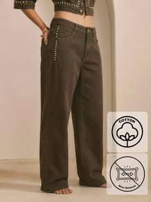 Aralina Winter / Summer Low Rise Stud Detail Denim Jean - Chocolate Brown - View 1