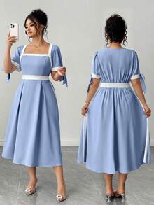 Elenzga Vestido de línea A de manga corta con bloqueo de color y lazo en la cintura para mujer de talla grande - Azul - Ver 1