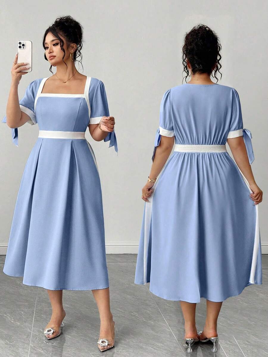 Elenzga Vestido de línea A de manga corta con bloqueo de color y lazo en la cintura para mujer de talla grande - Azul - Ver 1