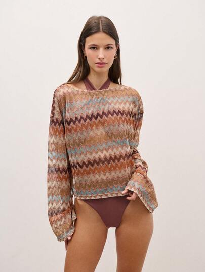 Nöista Cozy Sweater Featuring A Soft Zigzag Pattern In Earthy Browns Designed With A Relaxed, Slightly Boxy Fit And Long Sleeves For Everyday Wear,