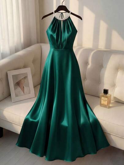 Franclia 女士优雅奢华晚礼服，适合婚礼穿着，珍珠吊带，露背，收腰设计，奢华缎面垂褶，祖母绿