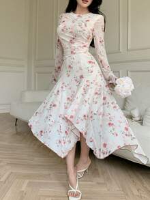 Feyla 女士优雅印花圆领长袖不对称下摆连衣裙 - 粉色 - 查看 1