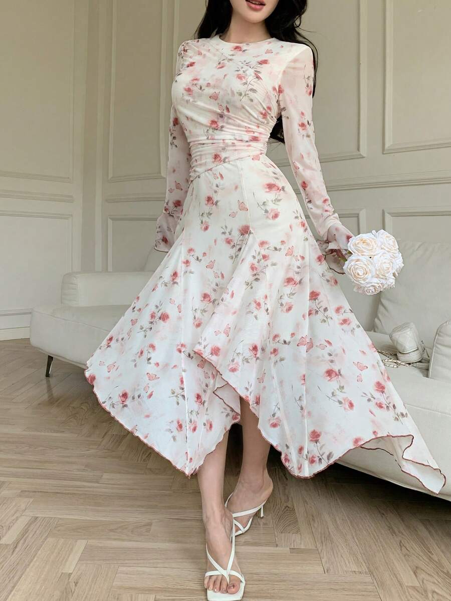 Feyla 女士优雅印花圆领长袖不对称下摆连衣裙 - 粉色 - 查看 1