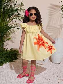 Young Girls Cute Floral Ruffle Hem Loose A-Line Casual Vacation Home Outdoor Back To School Dress, Spring/Summer - Yellow - View 7