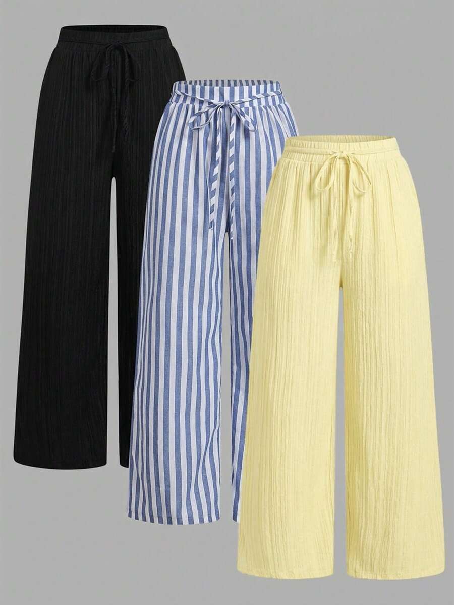 SHEIN Essnce 三件套黑色、黄色面料搭配浅蓝色和白色条纹航海风休闲直筒裤套装,腰部系带,口袋设计,适合夏季度假穿着。 - 彩色 - 查看 1
