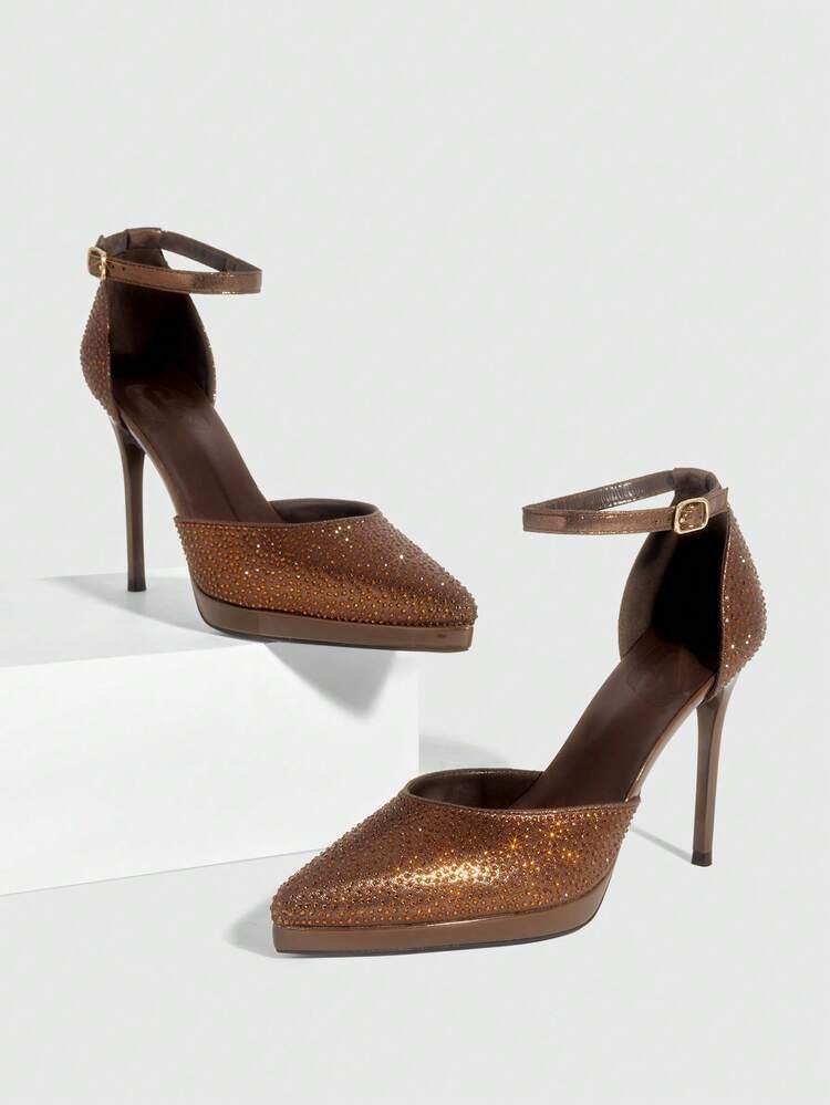 CUCCOO SZL Women Shoes Women Pointed Thin High Heel Height Water Table Brown Rhinestone Women's High Heel Shoes Ankle Strap Hollow Shoes Wedding Party Banquet Nightclub Stylish Gorgeous Simple High Heel Women's Shoes Spring Shoes
