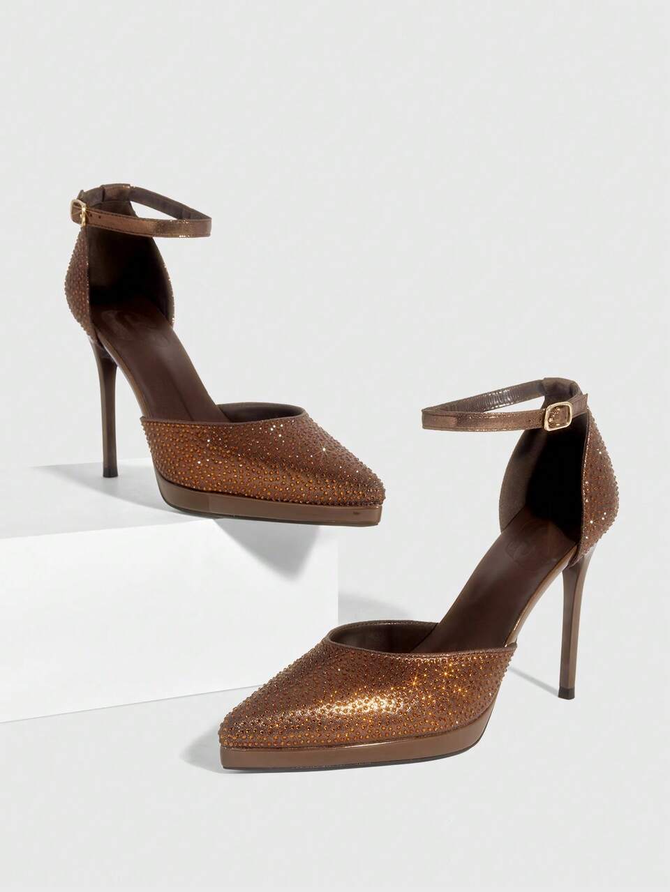 CUCCOO SZL Women Shoes Women Pointed Thin High Heel Height Platform Brown Rhinestone Women's High Heel Shoes Ankle Strap Hollow Shoes Wedding Party Banquet Nightclub Stylish Gorgeous Simple High Heel Women's Shoes Spring Shoes