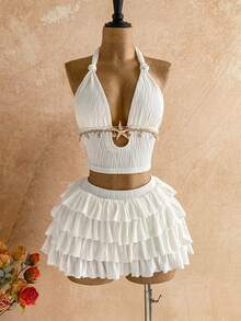 Soleia 女士度假扭结海星贝壳印花上衣和迷你裙两件套 - 白色 - 查看 7