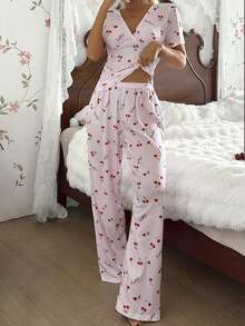 女士樱桃印花短袖上衣和裤子睡衣套装 - 粉色 - 查看 4
