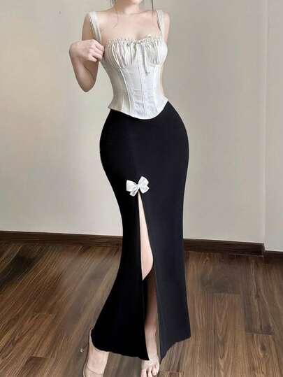 Elenzga 女士高腰蝴蝶结装饰侧开衩下摆时尚半身裙