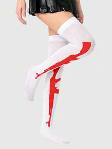 ROMWE Grunge Punk 1 đôi tất dài đến đầu gối màu trắng, họa tiết súng máy, màu đỏ đậm phong cách Punk. - Màu trắng 222 - Xem 6