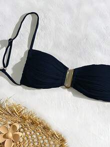 SHEIN Swim Áo bơi nữ màu trơn cho kỳ nghỉ và bãi biển, bộ bikini nữ, áo bơi nâng ngực, áo bikini nâng ngực, áo bơi nâng ngực, đồ bơi nâng ngực - Màu xanh hải quân - Xem 4
