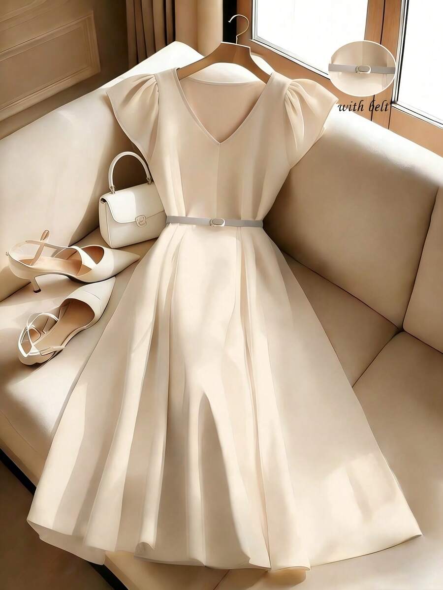 Franclia Đầm dài cổ chữ V tay bồng có thắt lưng dành cho nữ - Màu be - Xem 1