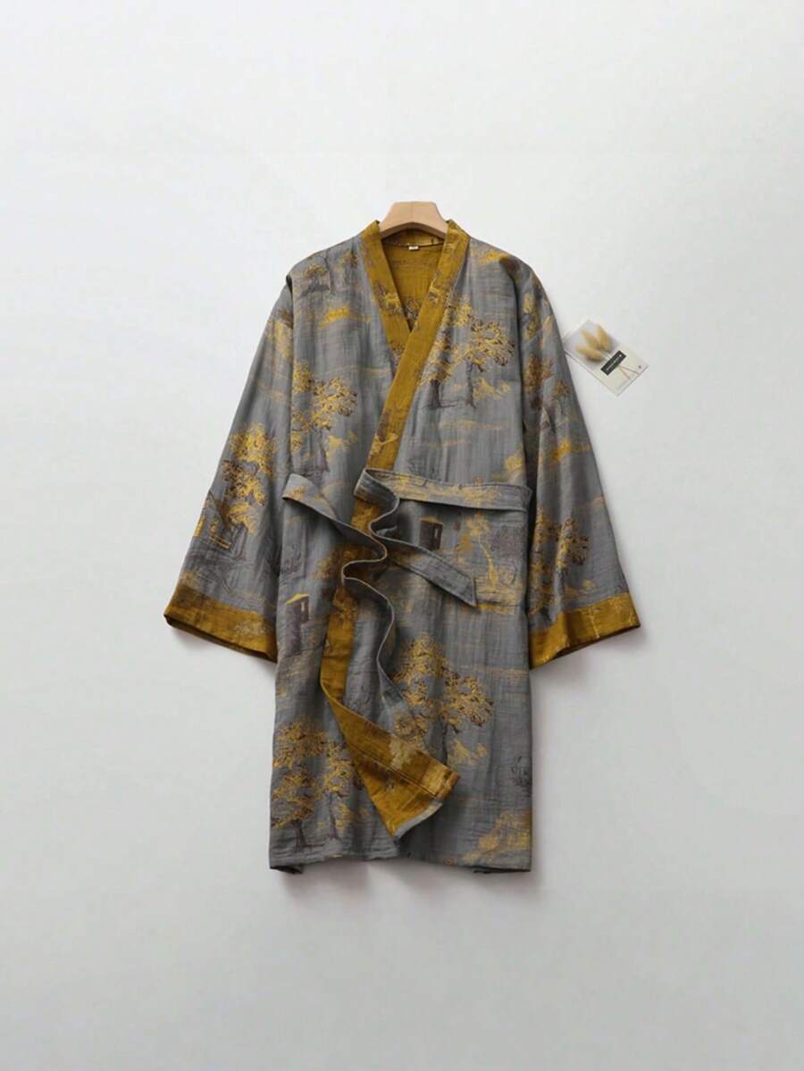 1 chiếc áo choàng tắm dài tay cho nam, chất liệu dệt jacquard nhẹ, có dây thắt lưng, kiểu dáng Trung Hoa thanh lịch cho mùa xuân và mùa hè. - Màu xanh Cadet - Xem 1