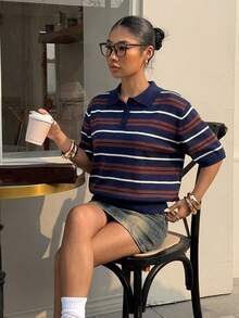 Muchica Áo len nữ tay ngắn cổ polo kẻ sọc màu xanh hải quân - Màu xanh hải quân - Xem 4