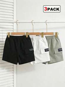 SHEIN Playful Pals 3pcs Baby Boys' Elastic Waist Shorts With White Letter & Black Graphic, Casual Cargo Style Bottoms, Suitable For 6M-3T, Summer - Multicolor - View 4