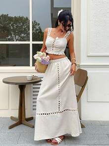 SHEIN Frenchy 2 Pieces Linen White Summer Boho Sexy Beach Golf Holiday Outfits For Women,Solid Guipure Lace Insert Ruched Ruffle Cami Top Skirt Set,Greece Vacation - Apricot - View 7