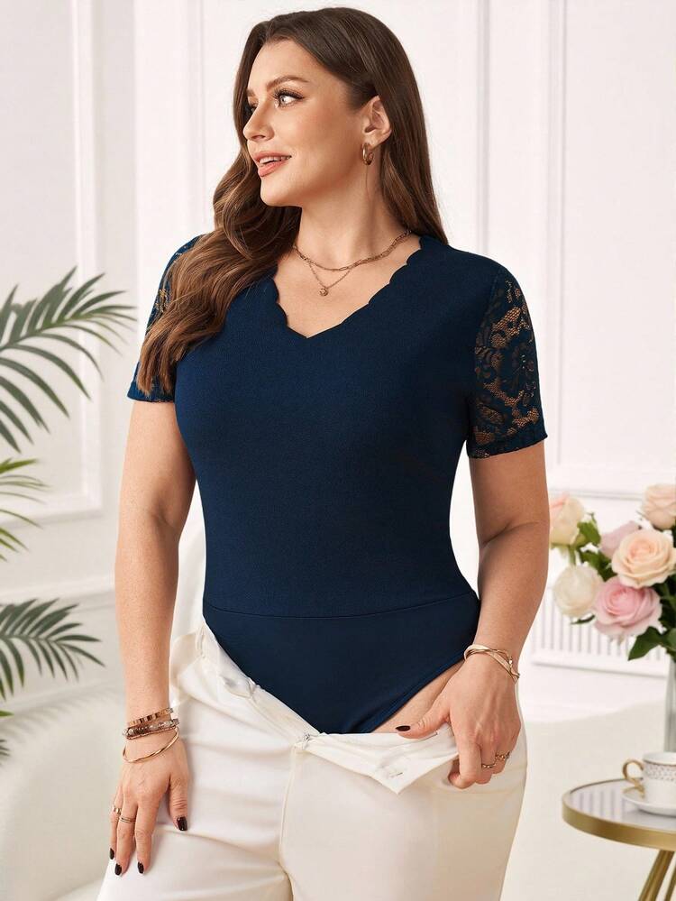 Plus Size Women's Summer Casual Vacation Elegant  V-Neck Short Sleeve Casual Lace Patchwork Solid Navy Blue Jumpsuit, Summer Holiday,Spring Break Outfits ,Vacation Outfits Women ,Holiday Outfits For Women,Going Out Outfits,2026 New Clothes,Simple And Fashionable For Everyday Wear,Casual Dresses For Women,Suitable For Summer, Vacation, Commute, Daily Wear, Dark Blue Top