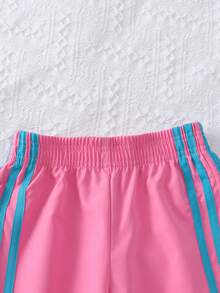 SHEIN 年轻女孩妈妈亲子休闲百搭通勤日常复古美式运动豹纹白色撞色蝴蝶结宽松直筒裤，适合假日、夏季、旅行运动穿着 - 粉色 - 查看 5