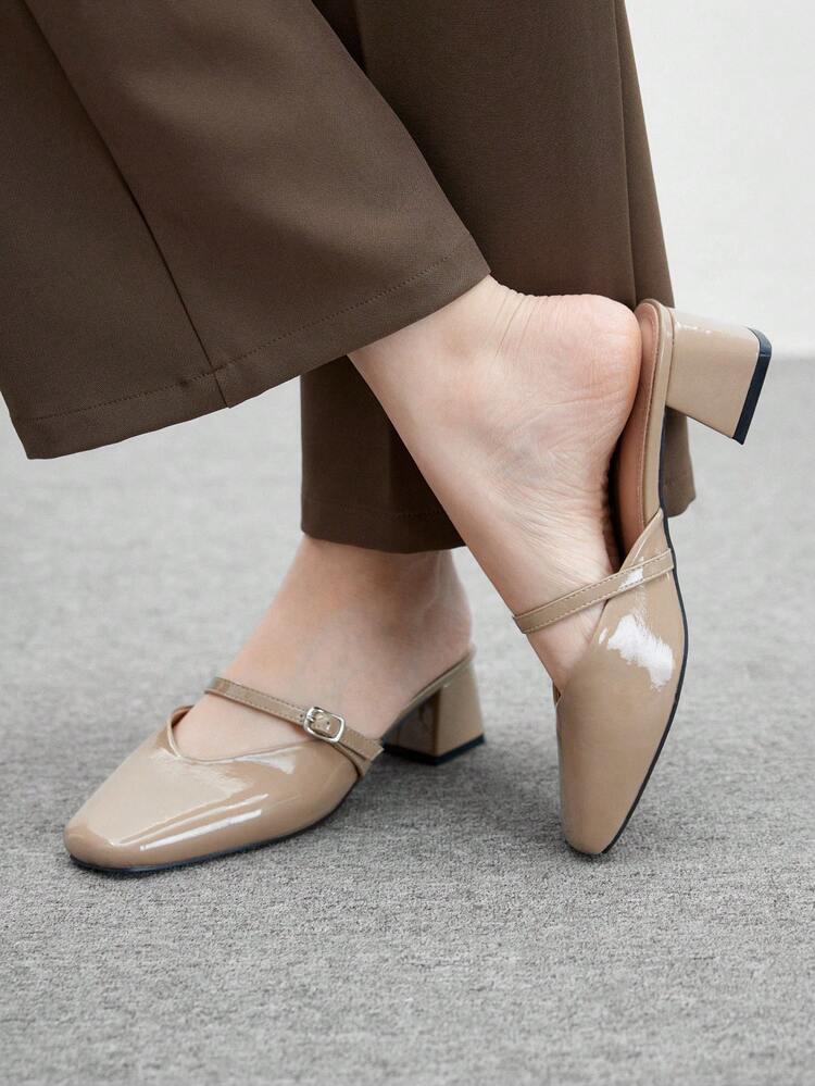 CUCCOO BIZCHIC Squared-Toe Chunky Heel Apricot Elegant Commuting Mules, Women's High Heel Backless Pumps For Christmas Spring Shoes
