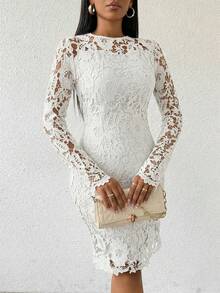 SHEIN Lady 四季婚礼宾客礼服优雅派对粉色蕾丝圆领连衣裙女士 - 白色 - 查看 7