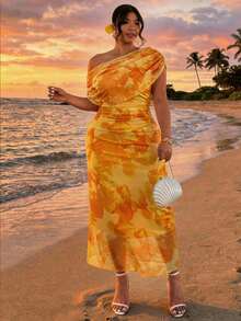 Firerie 大码女式印花褶皱不对称肩部修身优雅连衣裙 - 黃色 - 查看 9