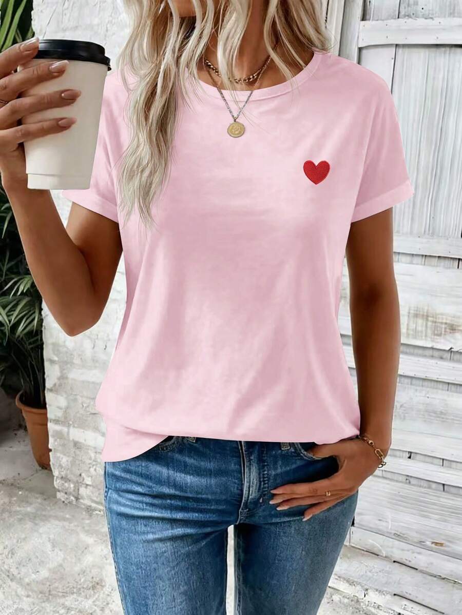 Selamara Women's Spring/Summer New Arrival Hot Selling Heart Print Round Neck Short Sleeve Casual All-Match T-Shirt - Baby Pink - View 1