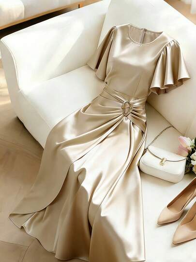 Franclia Đầm thanh lịch dành cho nữ, đầm satin bóng bẩy với họa tiết kim loại, đầm tay xòe, đầm cổ tròn, đầm mùa xuân/hè.