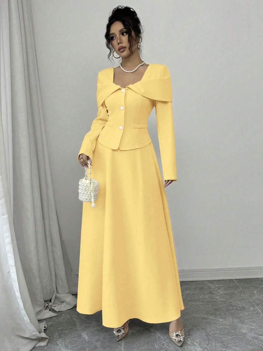 SHEIN Clasi 女款柔和黃色兩件套:長袖單排扣外套 & 長版百褶裙,優雅秋季婚禮賓客穿搭,法式風格 - 黃色 - 查看 1