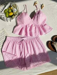 Comfortcana Rosa rutigt plusstorlek damlinne och shorts i 2-delat set - Rosa - Visa 8